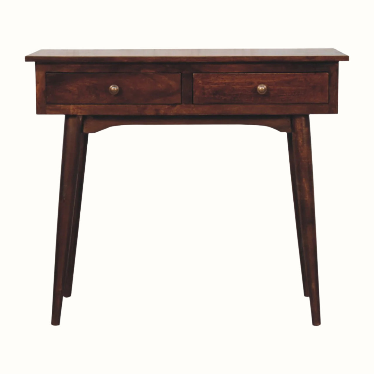 A slimline console table with two drawers, featuring a rectangular tabletop and four Scandinavian-style legs with round brass hardware on a white background.
