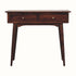 A slimline console table with two drawers, featuring a rectangular tabletop and four Scandinavian-style legs with round brass hardware on a white background.