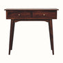A slimline console table with two drawers, featuring a rectangular tabletop and four Scandinavian-style legs with round brass hardware on a white background.