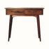 A slimline console table with two drawers, featuring a chestnut finish and Scandinavian-style legs with round brass hardware.