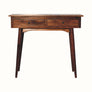A slimline console table with two drawers, featuring a chestnut finish and Scandinavian-style legs with round brass hardware.