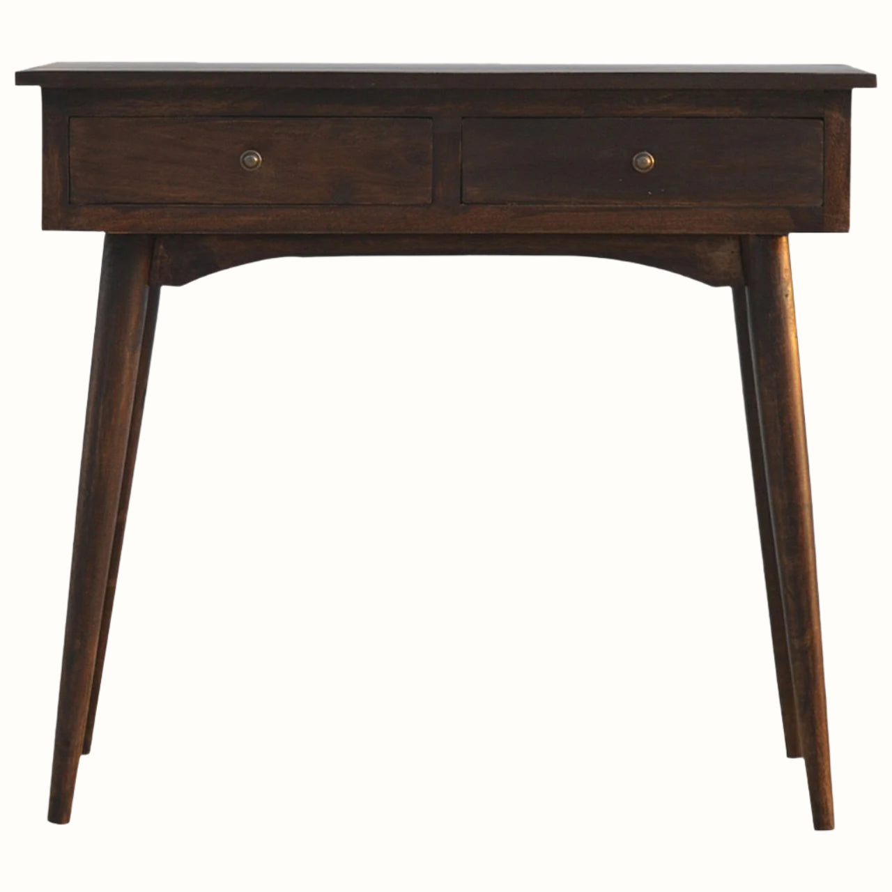 A medium to light walnut colored console table with two drawers and Scandinavian-style legs.