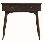 A medium to light walnut colored console table with two drawers and Scandinavian-style legs.