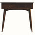 A medium to light walnut colored console table with two drawers and Scandinavian-style legs.