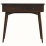 A medium to light walnut colored console table with two drawers and Scandinavian-style legs.