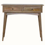 A medium-sized natural-colored Nilson 2 Drawer Console Table made of mango wood with a slimline design and Scandinavian-styled feet.
