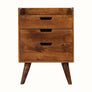 A medium-sized Nordell bedside table in chestnut finish, featuring three drawers and four tapered legs.