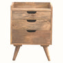 A medium-sized Nordell bedside table made of solid mango wood with a natural finish, featuring three drawers and four tapered legs.