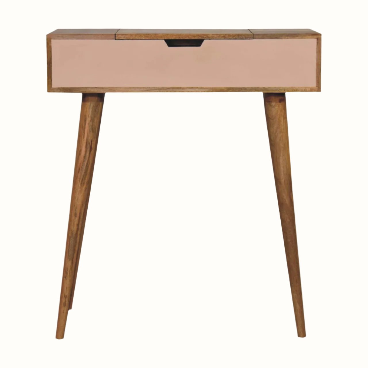 Nordell Blush Dressing Table, small in size, with handpainted blush pink front and natural wood legs, featuring a hidden compartment and a mirror.