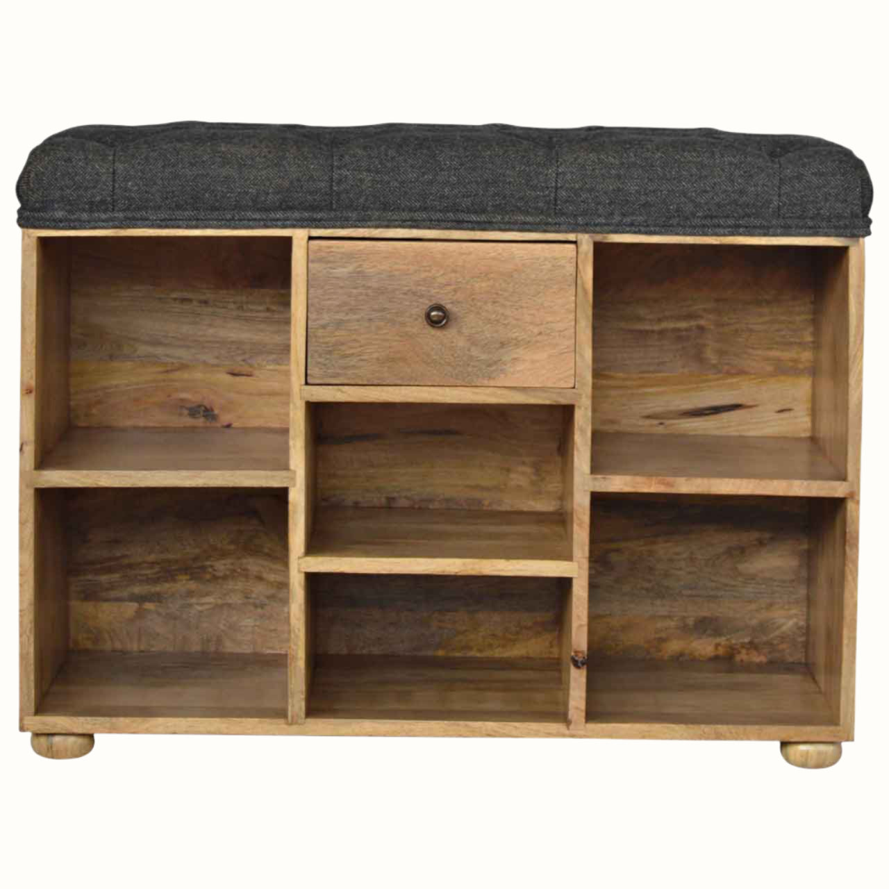 Solid wood shoe storage bench with black tweed seating pad.