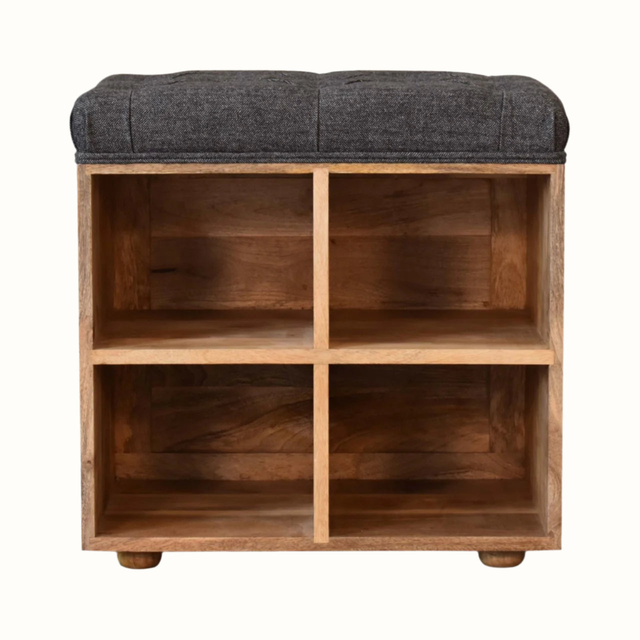 Small square shoe bench, with open storage made from solid wood in a natural finish. 