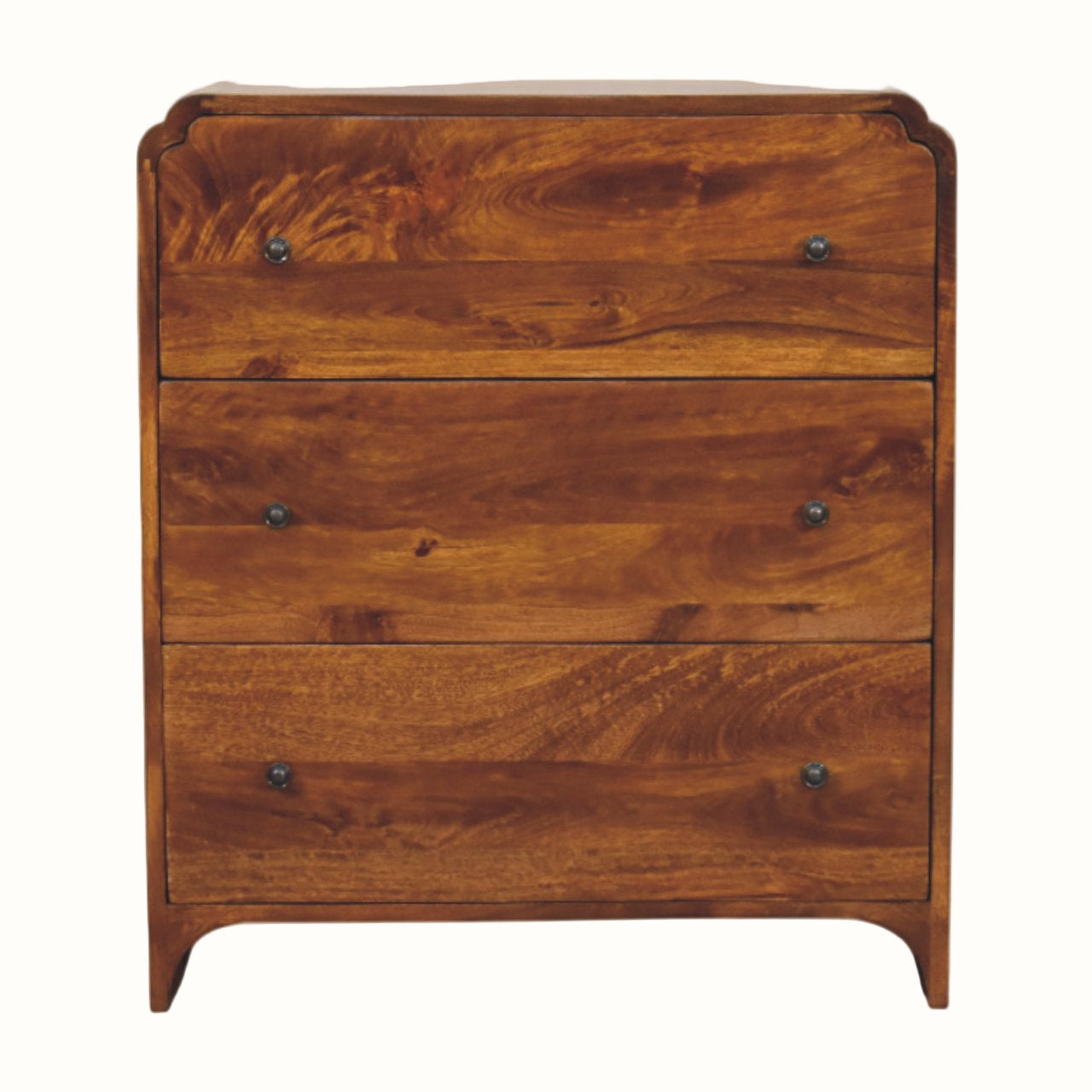 Wooden chest of drawers with three drawers on a white background