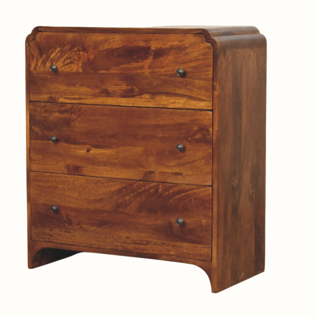 Wooden chest of drawers with curved edges, and 3 drawers.