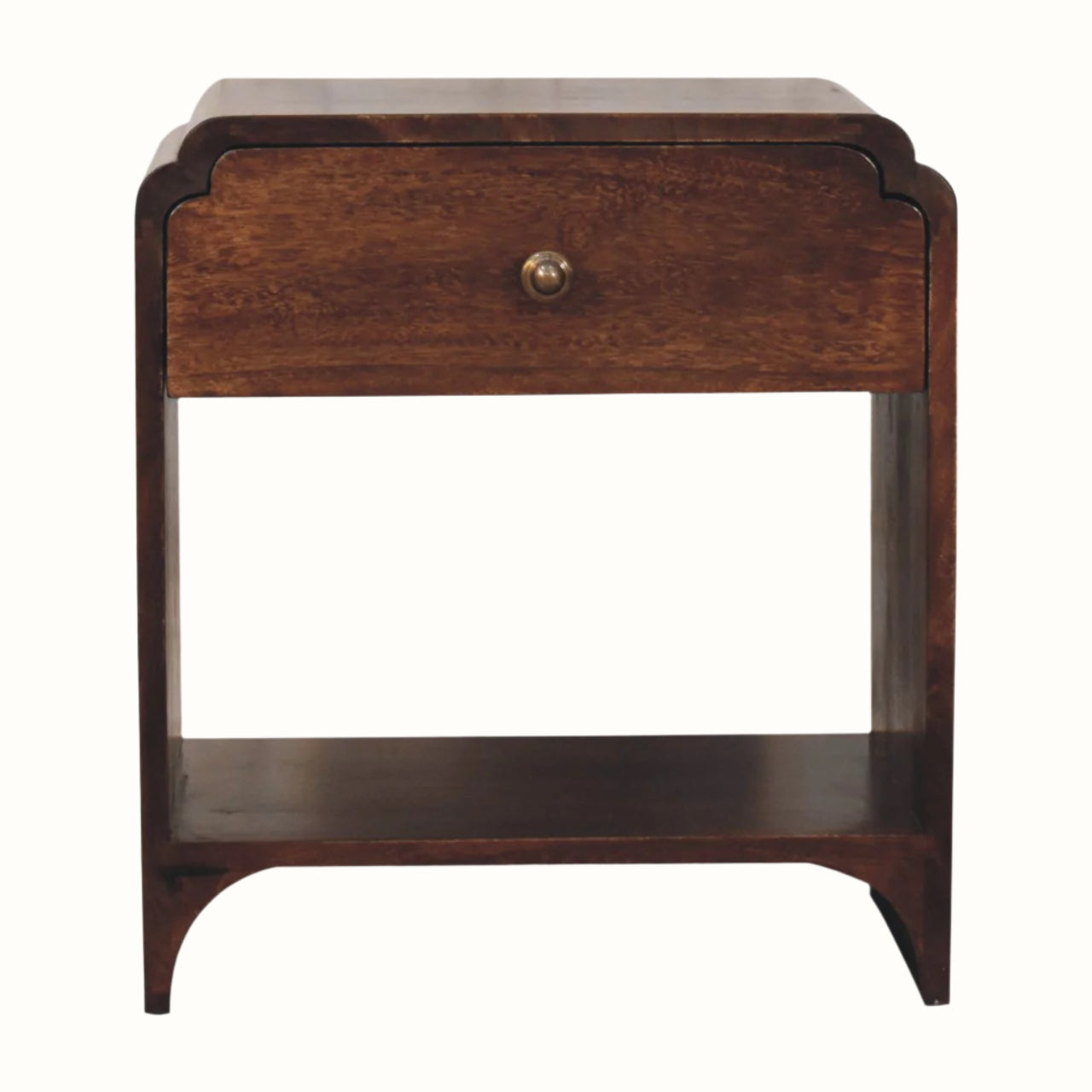 Wooden bedside table with a drawer on a white background
