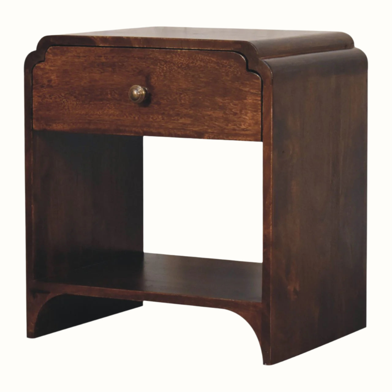 Wooden side table with a drawer on a white background