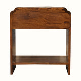 Wooden side table with a single shelf on a white background