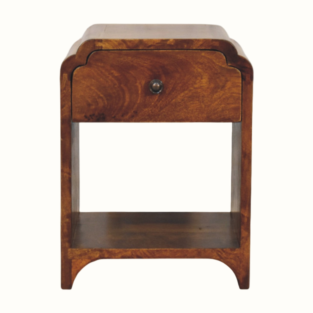 Wooden bedside table with a drawer on a white background