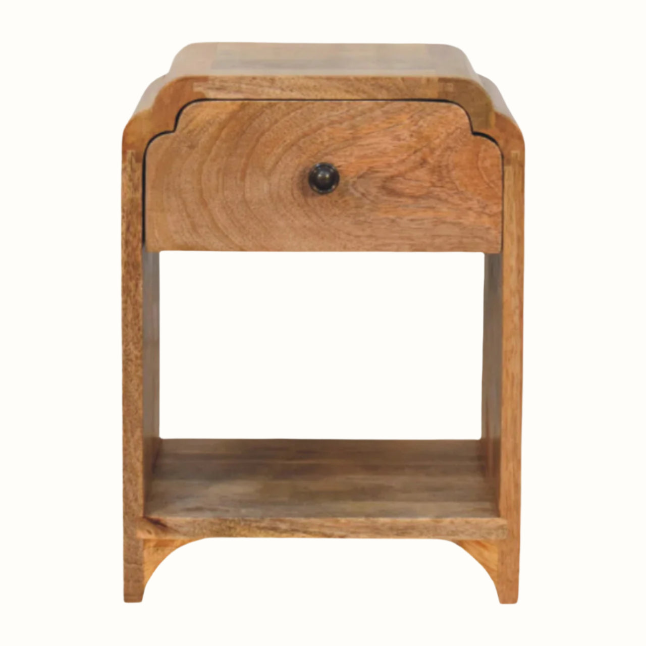Wooden bedside table with a drawer on a white background