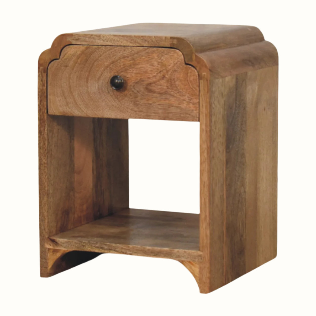 Wooden bedside table with a drawer on a white background