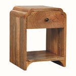 Wooden bedside table on white background.