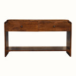 Wooden console table with two drawers on a white background