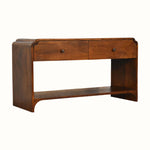 Wooden console table with a drawer and shelf on a white background