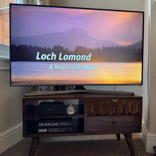 Dark wood TV stand displaying 'Loch Lomond: A Year in the Wild' on the tv.
