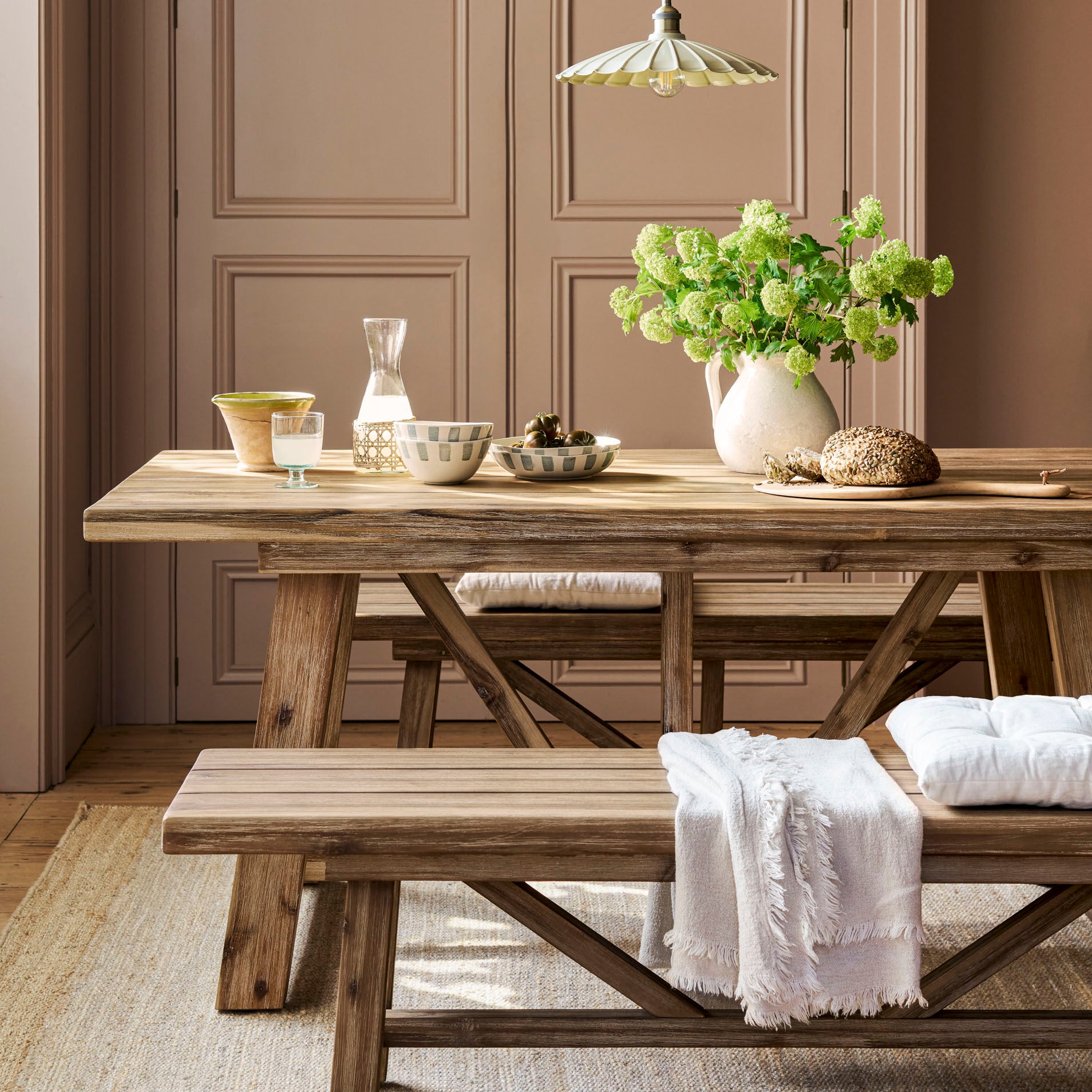 Chilford Solid Table & Bench Set - Acacia Wood, Natural, Small Dining Tables Garden Trading
