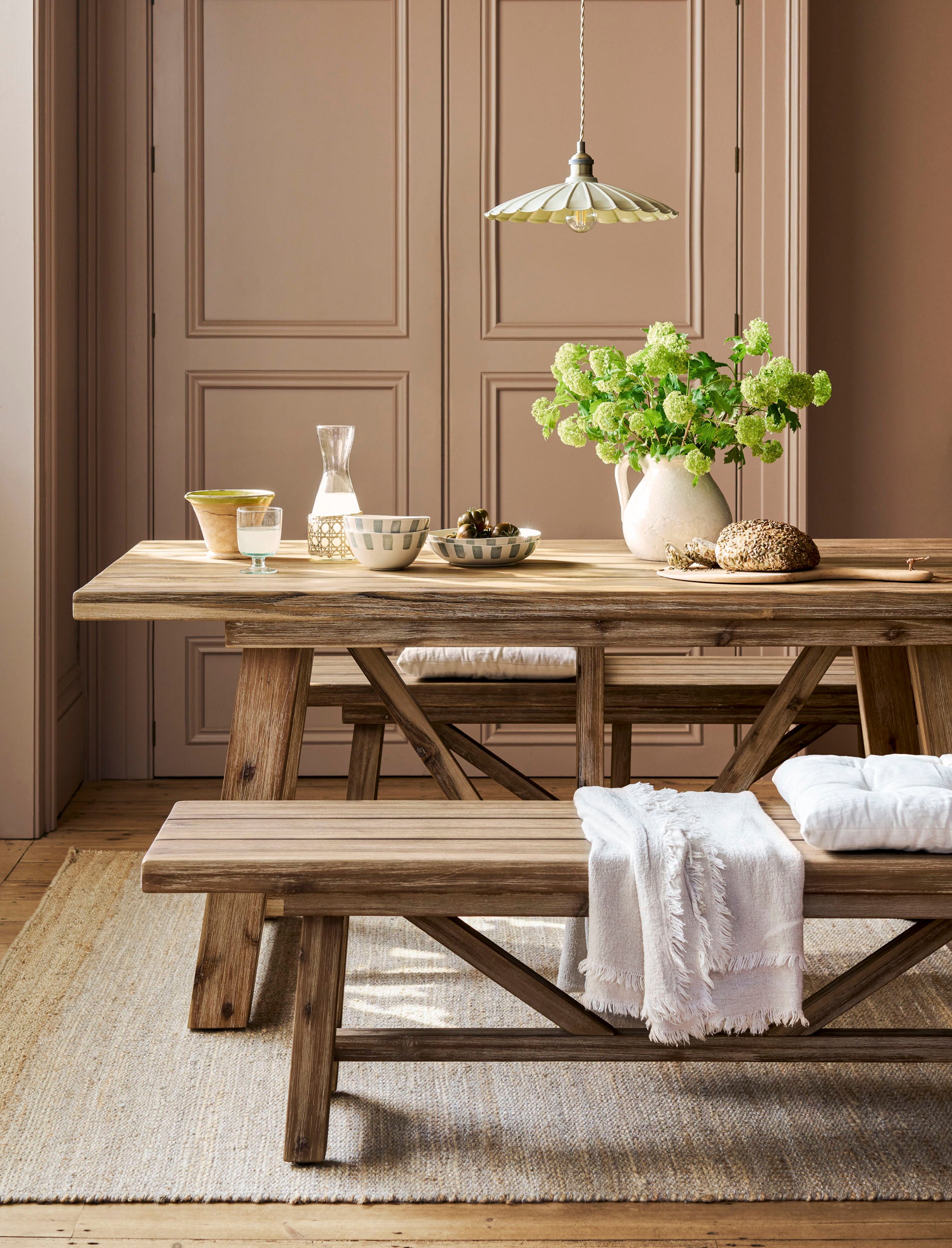 Chilford Solid Table & Bench Set - Acacia Wood, Natural, Small Dining Tables Garden Trading