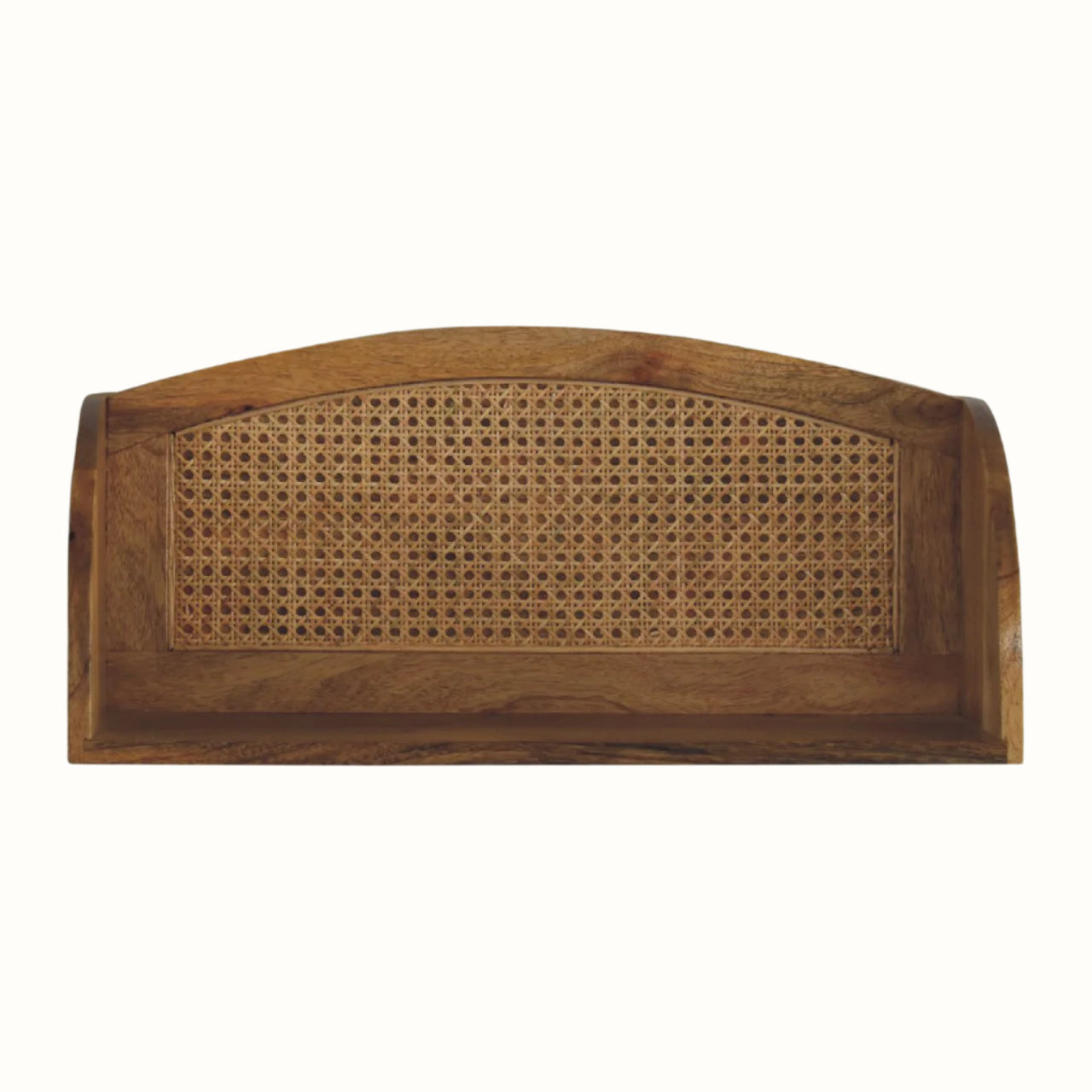 Wooden shelf with wicker backrest on a white background