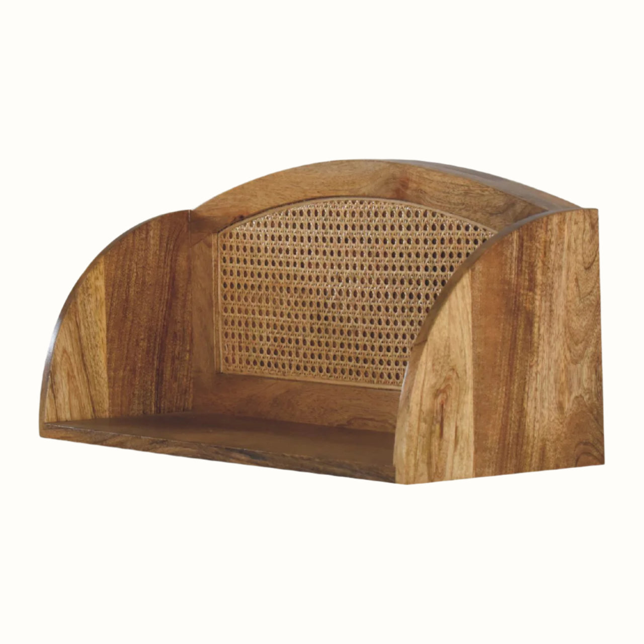 Wooden shelf with cane back on white background.