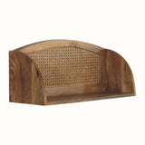 Wooden shelf with wicker back on a white background