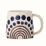 Large mug with handle in netrual finish and orange, navy blue handpainted design.