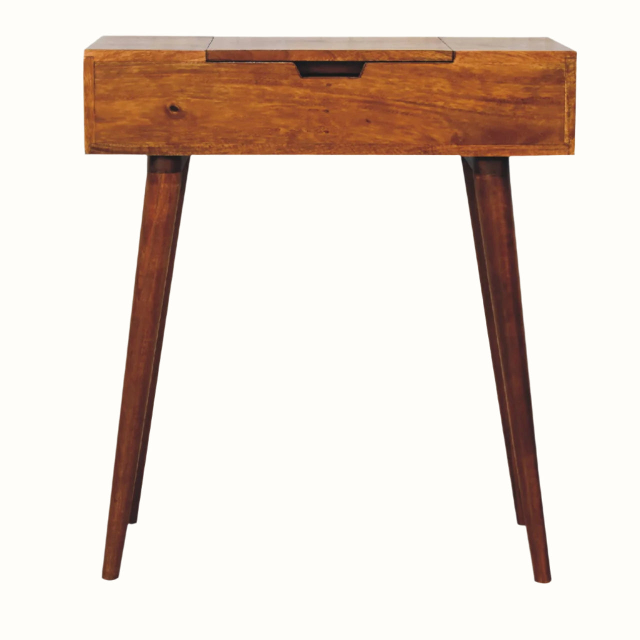 A small Nordell dressing table with a chestnut finish, featuring a hidden lift-up compartment on the tabletop, four long tapered legs, and a decorative mirror inside.