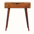 A small Nordell dressing table with a chestnut finish, featuring a hidden lift-up compartment on the tabletop, four long tapered legs, and a decorative mirror inside.