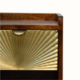 Wooden shelf with a gold metallic finish on a white background