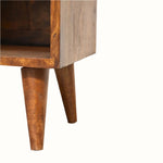 Close-up of a wooden side table with a white background