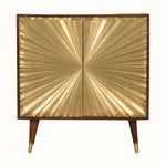 Wooden cabinet with gold sunburst design on doors against a white background
