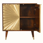Wooden cabinet with a gold leaf design on one side, on a white background
