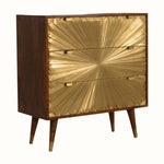 Wooden dresser with gold sunburst design on a white background