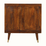 Wooden chest of drawers with a dark brown finish on a white background