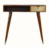 Wooden console table with a decorative drawer on a white background