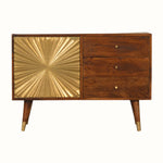 Wooden sideboard with gold sunburst design on a white background