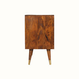 Wooden side table with gold accents on a white background