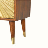 Wooden cabinet with gold accents on a white background