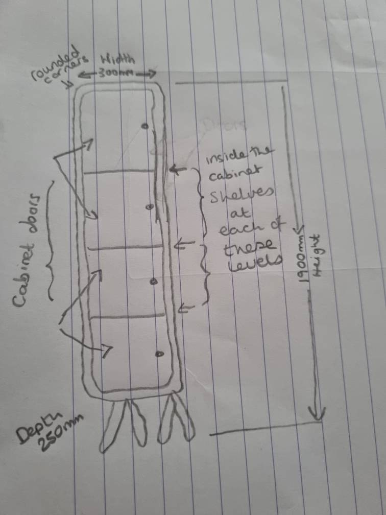 Hand-drawn diagram of a cabinet with measurements on lined paper