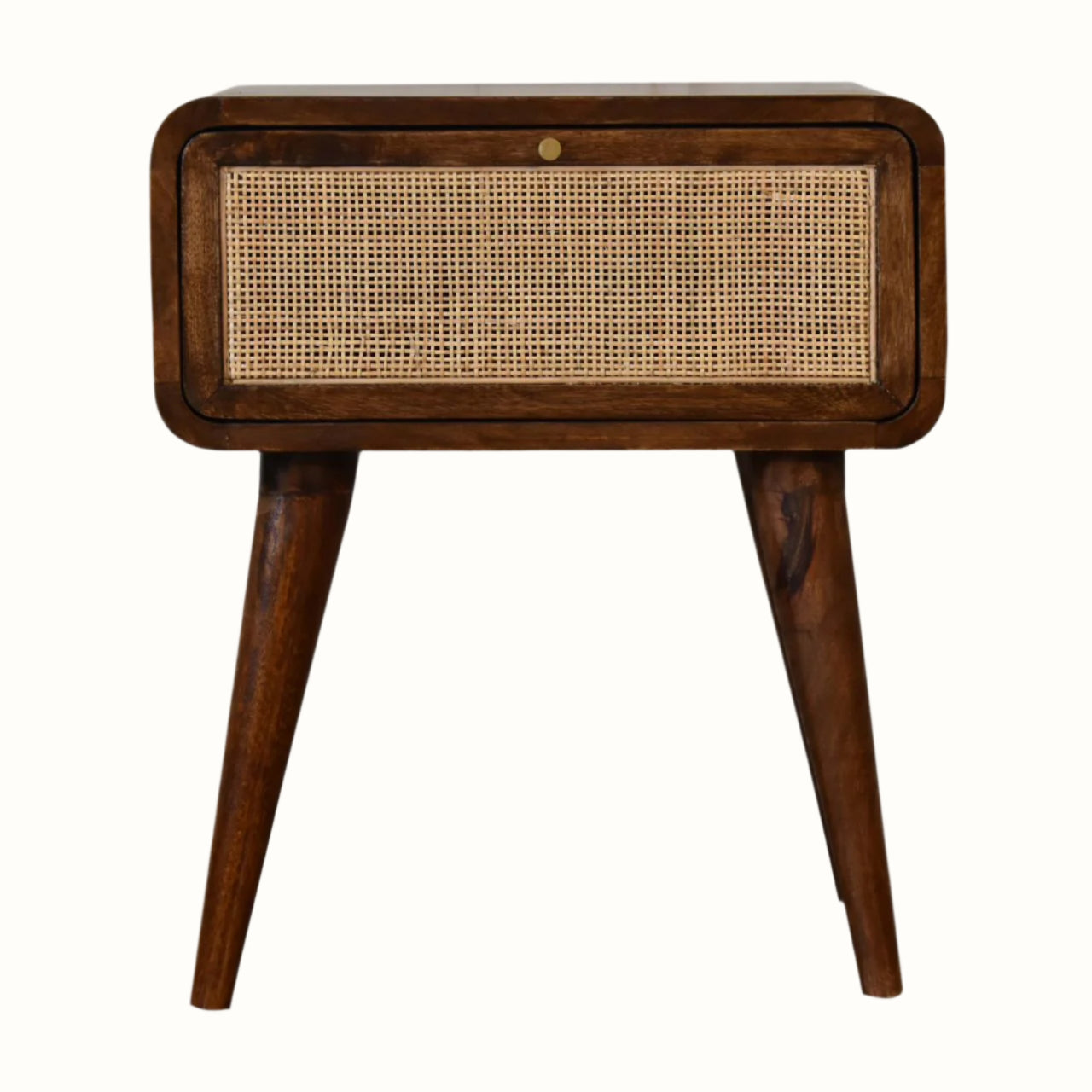 A Wellner 1 Drawer Bedside Table featuring a natural woven front and brass knob, with a chestnut brown finish and Nordic-style legs.