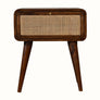 A Wellner 1 Drawer Bedside Table featuring a natural woven front and brass knob, with a chestnut brown finish and Nordic-style legs.