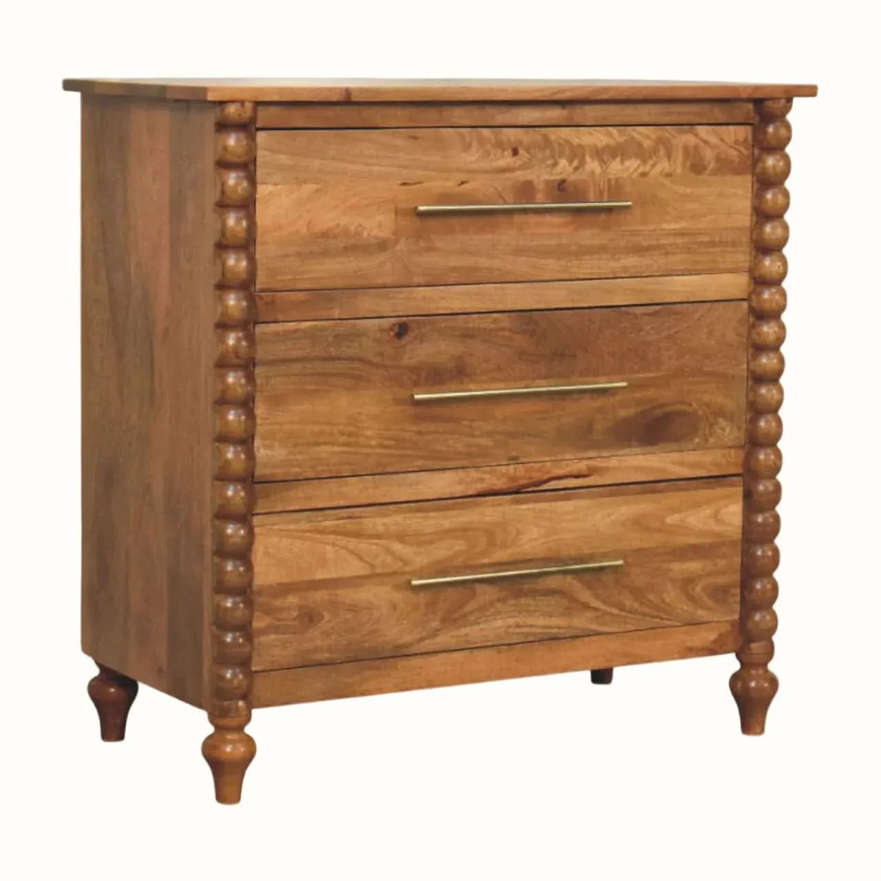 Arlen Spindle 3 Drawer Chest - Amber Oak Chest of Drawers - Bokel Home