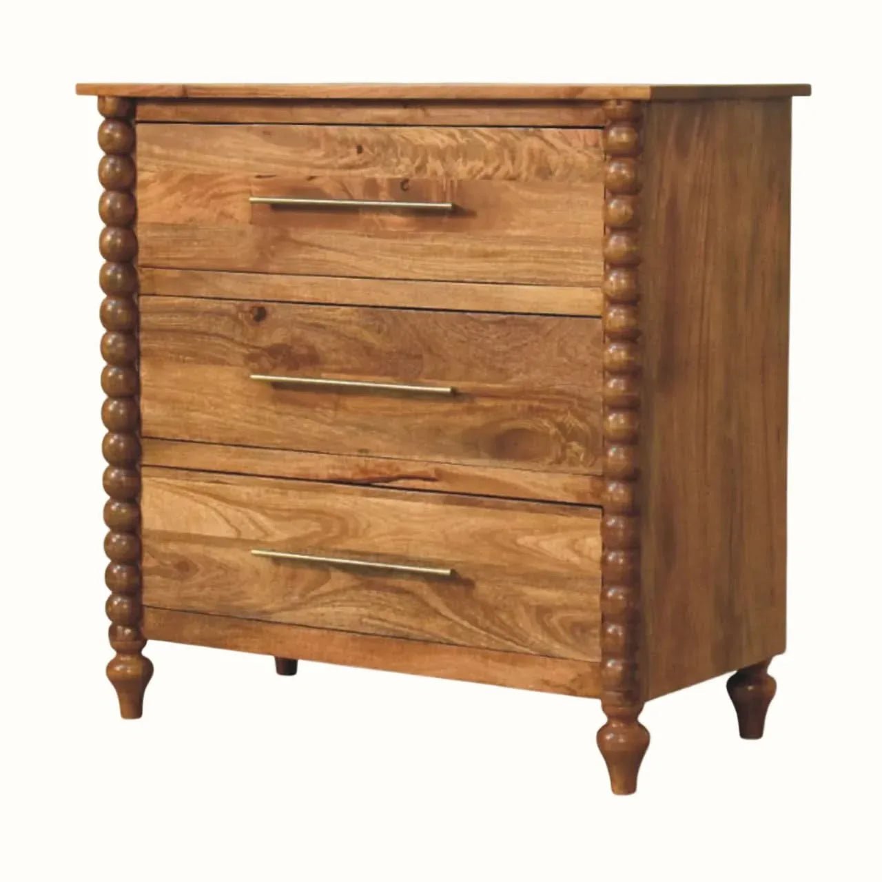 Arlen Spindle 3 Drawer Chest - Amber Oak Chest of Drawers - Bokel Home